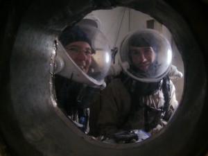 Kiri and Brian (Darrel invisible) in the airlock, ready to go out!